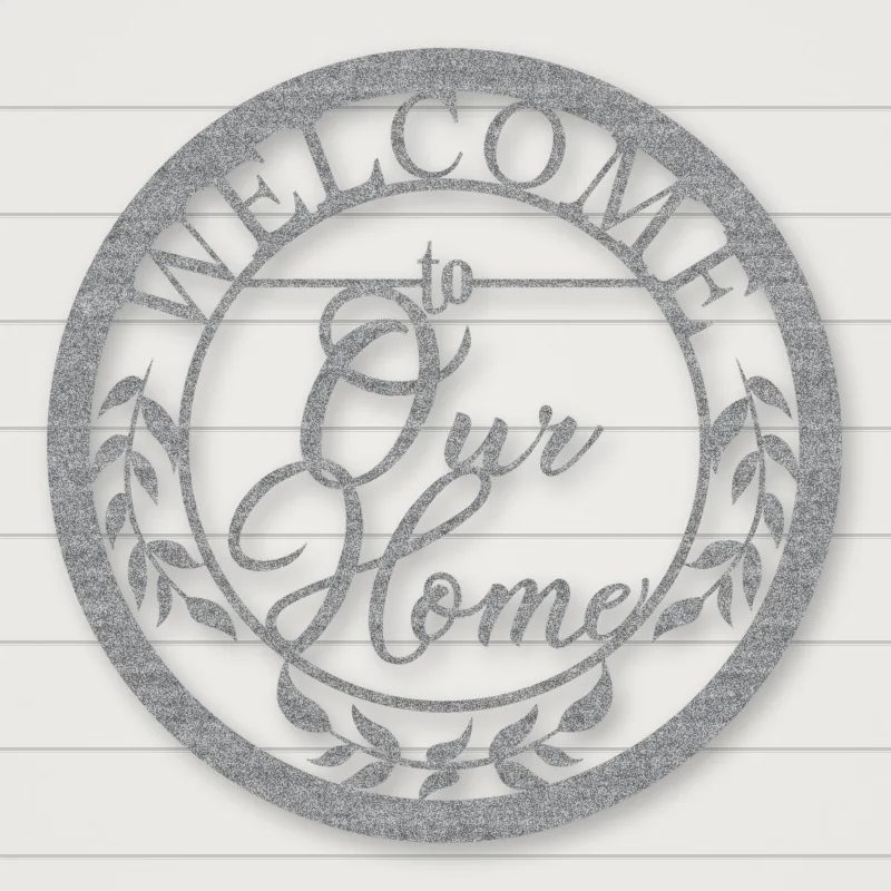 Welcome To Our Home Metal Sign Raw Steel / Rust animated finish preview Shopify Ready.