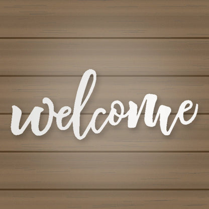 Welcome Script Metal Sign shown in Gloss White powder coat finish.