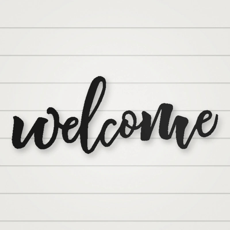 Welcome Script Metal Sign shown in Matte Black powder coat finish.