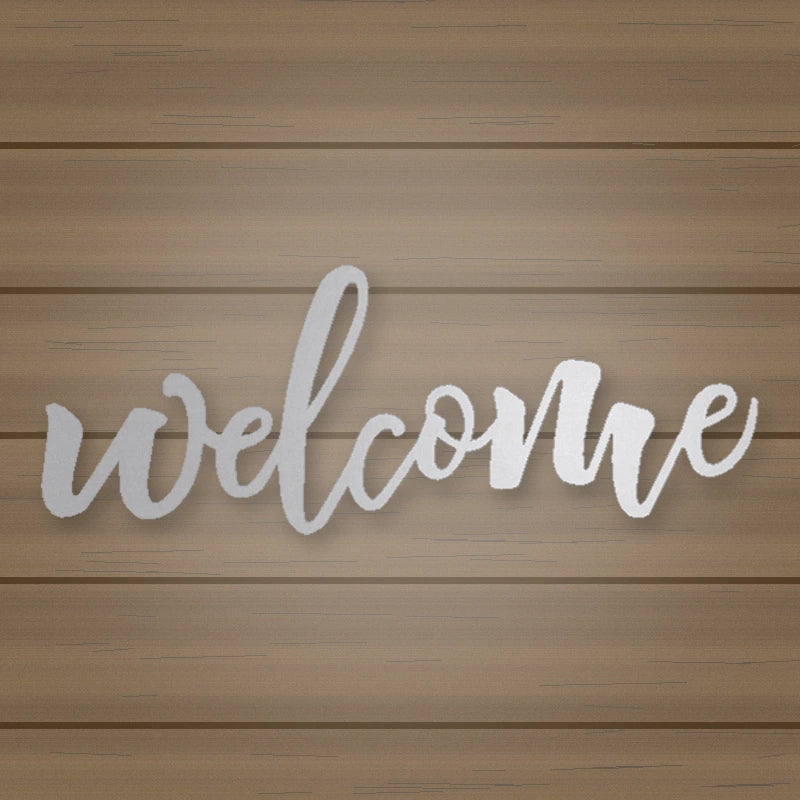 Welcome Script Metal Sign shown in Metallic Silver powder coat finish.