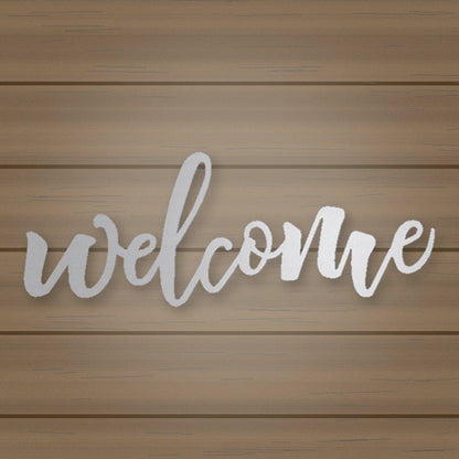 Welcome Script Metal Sign shown in Metallic Silver powder coat finish.