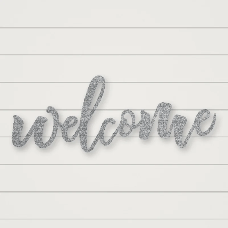 Welcome Script Metal Sign Raw Steel / Rust animated finish preview Shopify Ready.