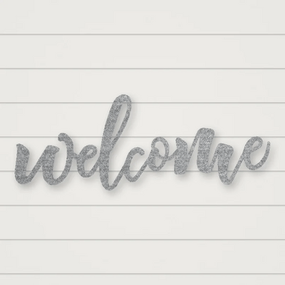 Welcome Script Metal Sign Raw Steel / Rust animated finish preview Shopify Ready.
