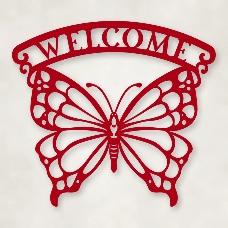 Welcome Butterfly Metal Sign shown in Gloss Red powder coat finish.