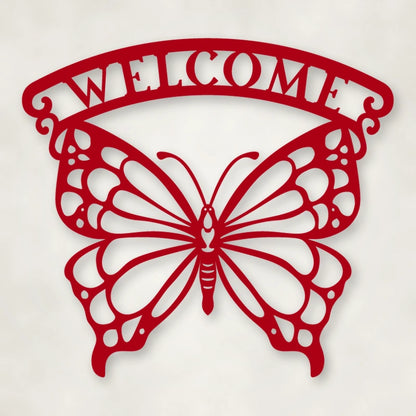 Welcome Butterfly Metal Sign shown in Gloss Red powder coat finish.