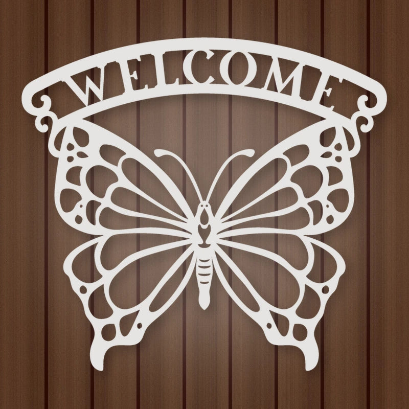 Welcome Butterfly Metal Sign shown in Gloss White powder coat finish.