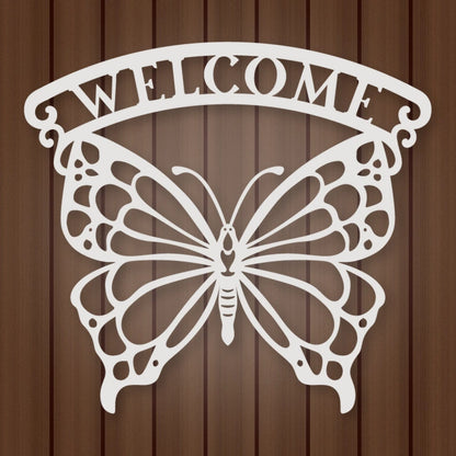 Welcome Butterfly Metal Sign shown in Gloss White powder coat finish.