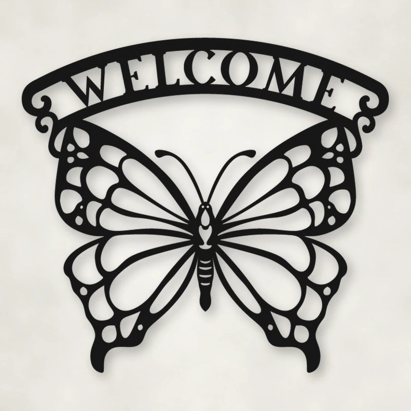 Welcome Butterfly Metal Sign shown in Matte Black powder coat finish.