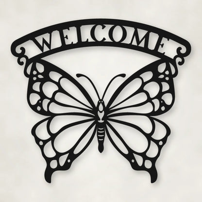 Welcome Butterfly Metal Sign shown in Matte Black powder coat finish.