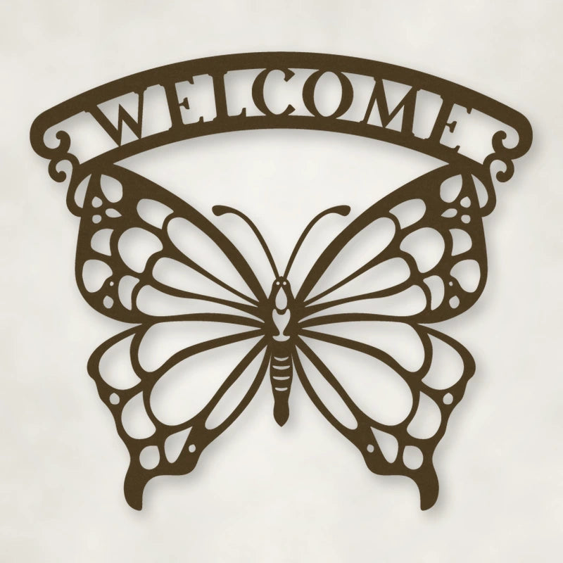 Welcome Butterfly Metal Sign shown in Metallic Bronze powder coat finish.