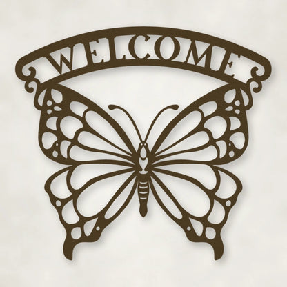 Welcome Butterfly Metal Sign shown in Metallic Bronze powder coat finish.