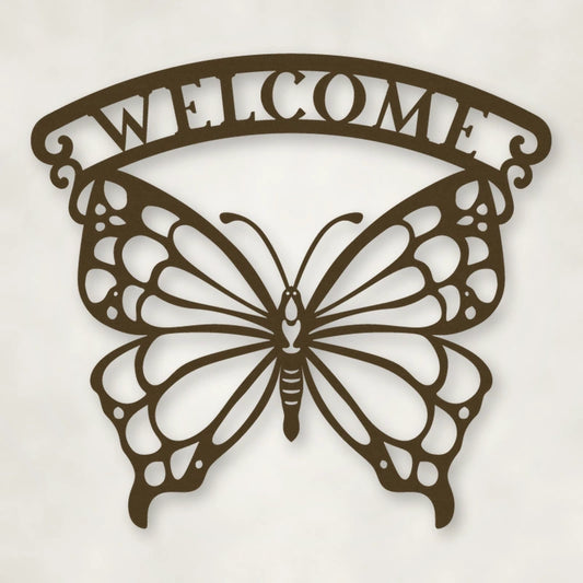 Welcome Butterfly Metal Sign shown in Metallic Bronze powder coat finish.