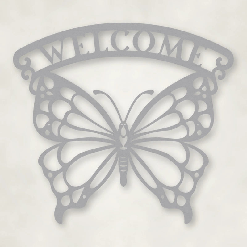 Welcome Butterfly Metal Sign shown in Metallic Silver powder coat finish.