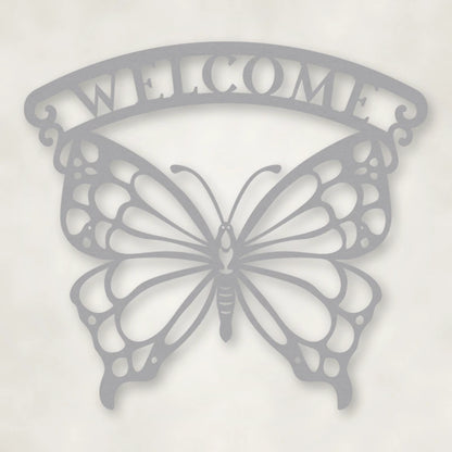 Welcome Butterfly Metal Sign shown in Metallic Silver powder coat finish.