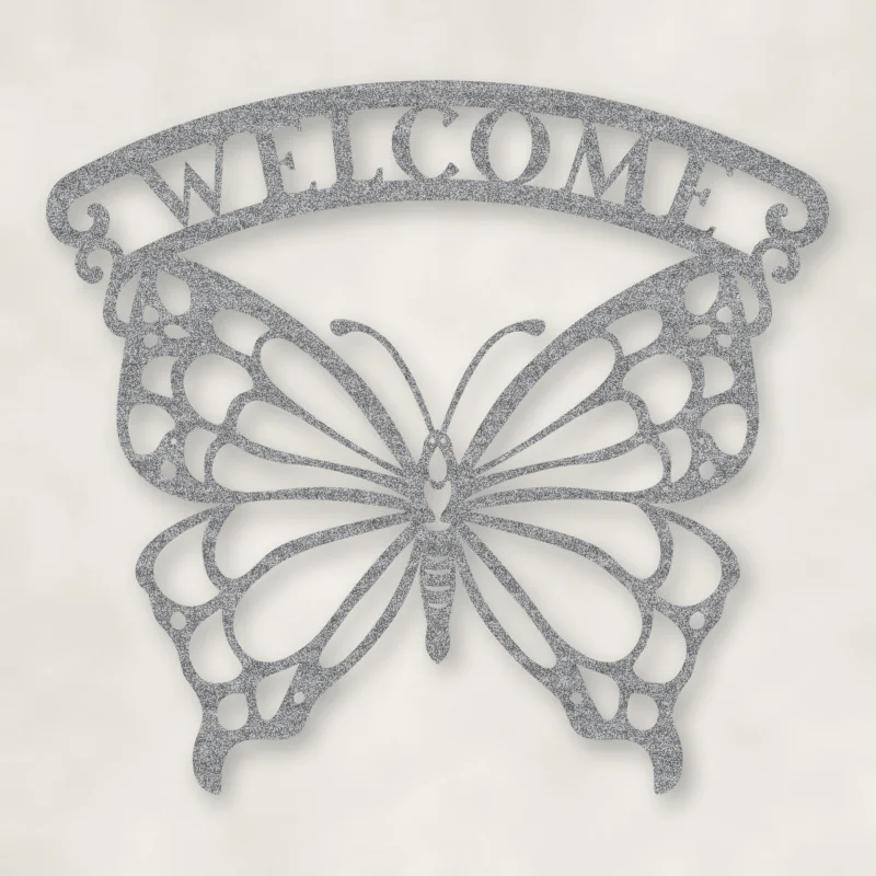 Welcome Butterfly Metal Sign Raw Steel / Rust animated finish preview Shopify Ready.