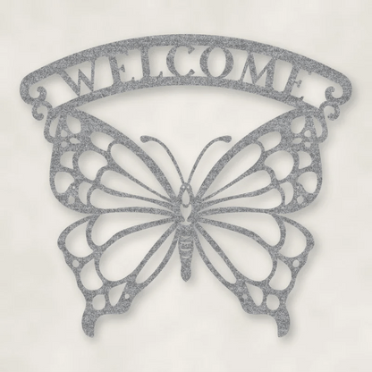 Welcome Butterfly Metal Sign Raw Steel / Rust animated finish preview Shopify Ready.