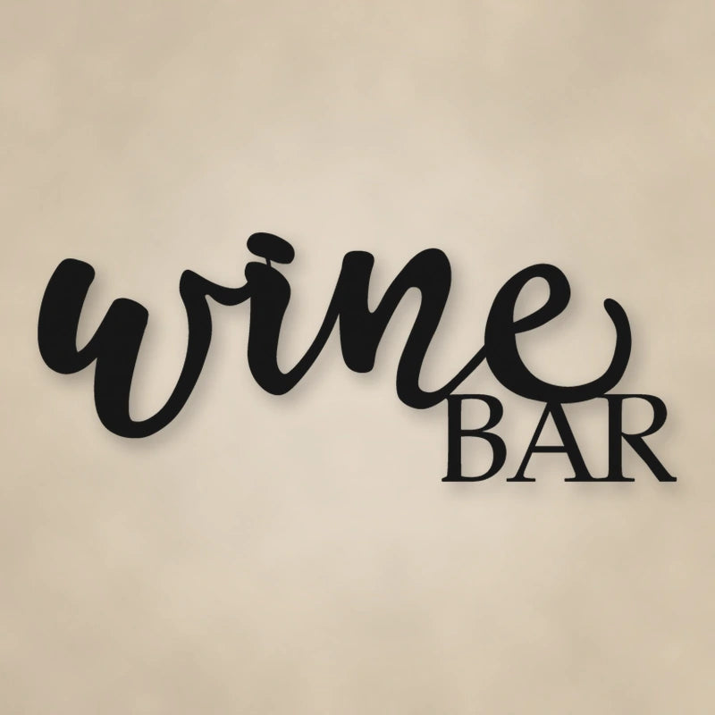 Wine Bar Script Metal Sign shown in Matte Black powder coat finish.