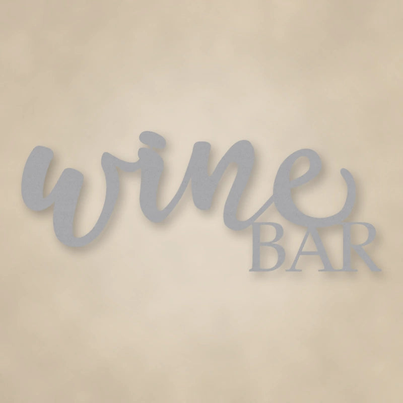 Wine Bar Script Metal Sign shown in Metallic Silver powder coat finish.