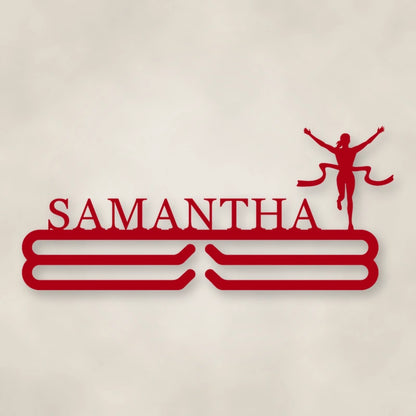 Personalized Female Runner Finish Line Medal Hanger shown in Gloss Red powder coat finish.