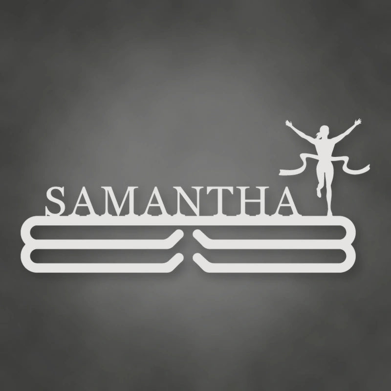 Personalized Female Runner Finish Line Medal Hanger shown in Gloss White powder coat finish.