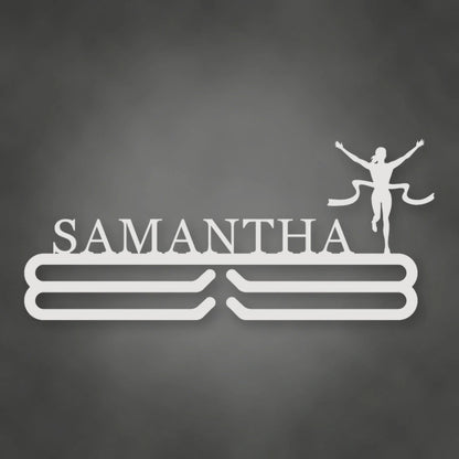 Personalized Female Runner Finish Line Medal Hanger shown in Gloss White powder coat finish.