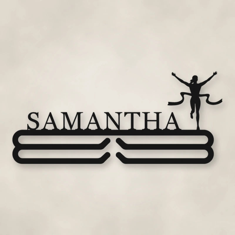 Personalized Female Runner Finish Line Medal Hanger shown in Matte Black powder coat finish.