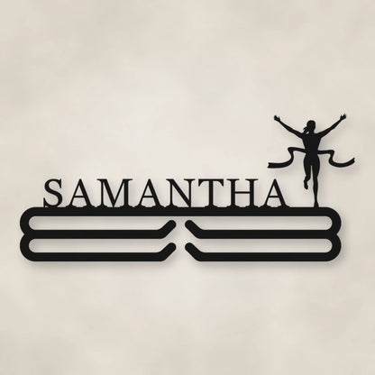 Personalized Female Runner Finish Line Medal Hanger shown in Matte Black powder coat finish.