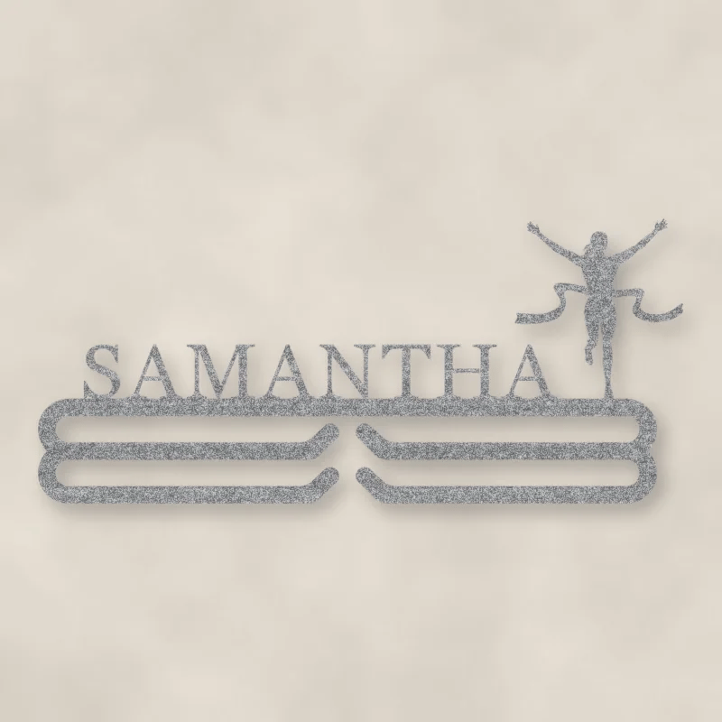 Personalized Female Runner Finish Line Medal Hanger Raw Steel / Rust animated finish preview Shopify Ready.