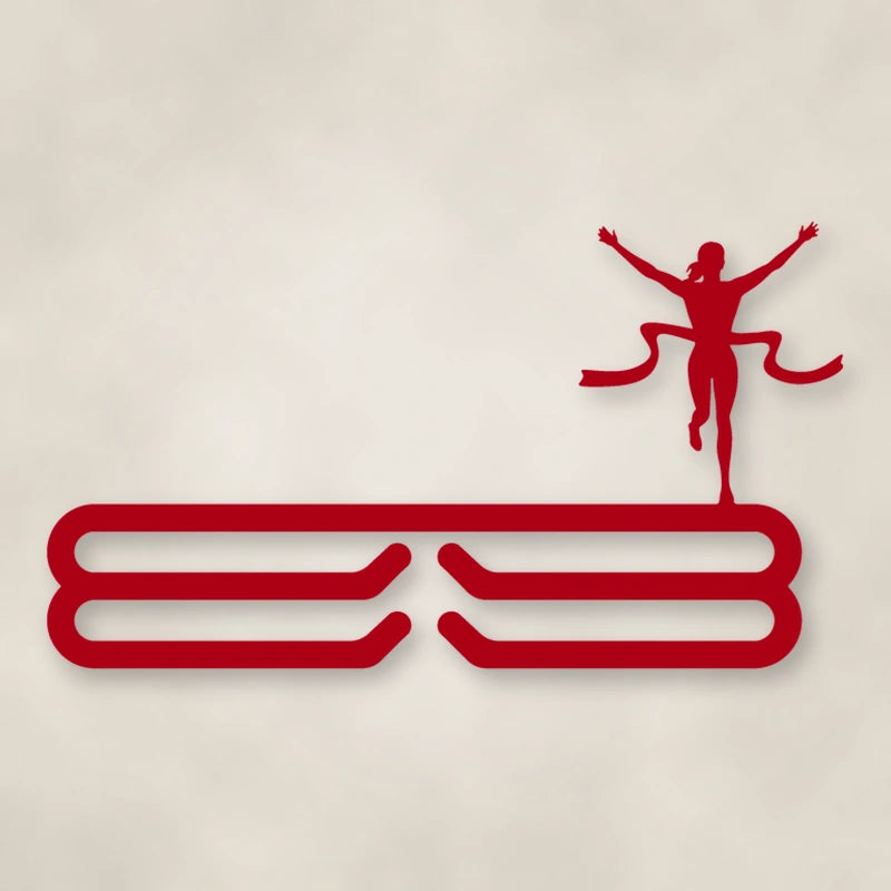Female Runner Finish Line Medal Rack shown in Gloss Red powder coat finish.