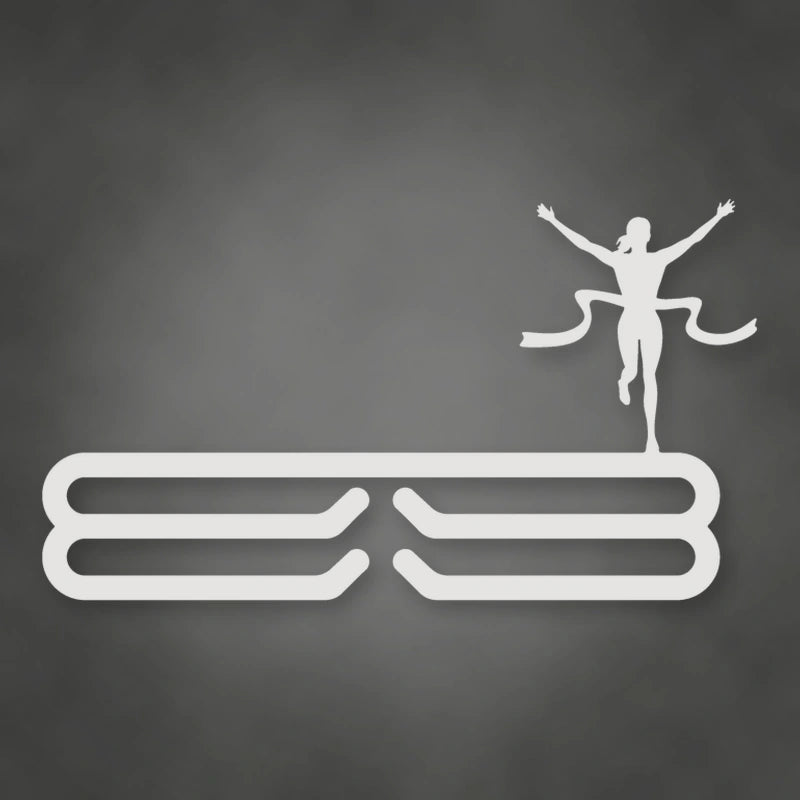 Female Runner Finish Line Medal Rack shown in Gloss White powder coat finish.