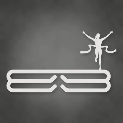 Female Runner Finish Line Medal Rack shown in Gloss White powder coat finish.