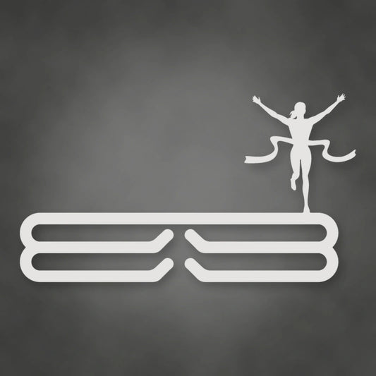 Female Runner Finish Line Medal Rack shown in Gloss White powder coat finish.