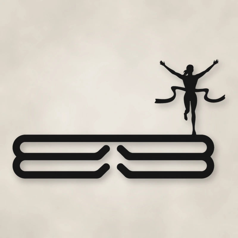 Female Runner Finish Line Medal Rack shown in Matte Black powder coat finish.