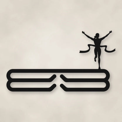 Female Runner Finish Line Medal Rack shown in Matte Black powder coat finish.