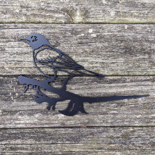 Robin Metal Tree Sign Black on weathered wood background