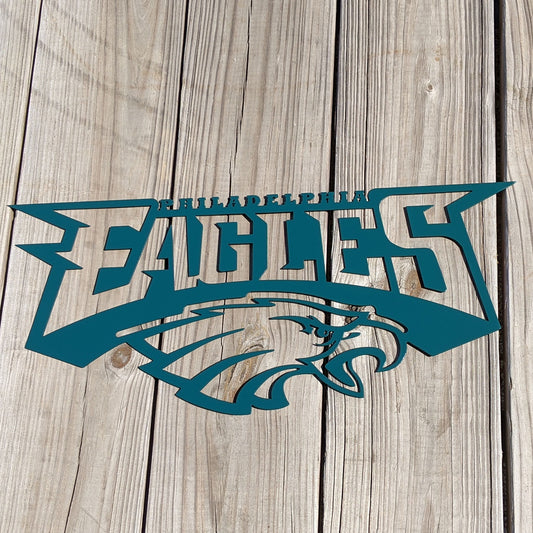 Eagles Logo Metal Sign Midnight Green on wood background