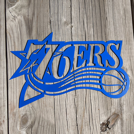 Sixers Logo 76ers Metal Sign Blue on wood background