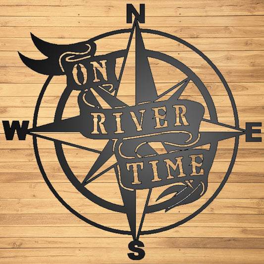 On River Time Metal Sign on wood plank background